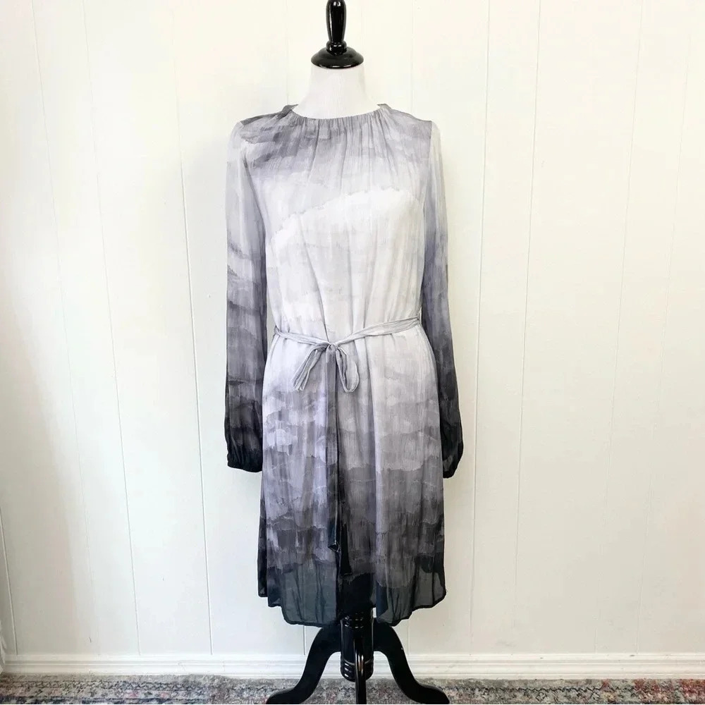 NWT Bella Dahl Gathered Gray Ombre Glacier Print Belted Dress Womens Size S